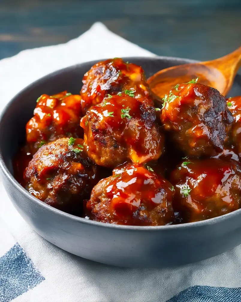 Sweet and Sour Meatballs 3 Sweet and sour meatballs simmering in a pan with bell peppers and pineapple sauce.