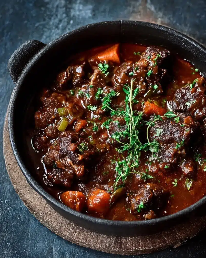 Slow Braised Red Wine Oxtail 3 Cooking process image showing oxtail simmering in red wine sauce in a Dutch oven