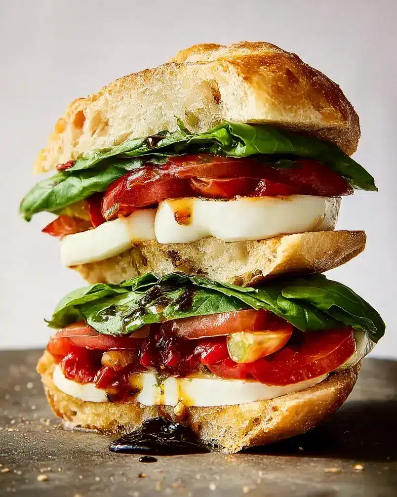 Caprese Sandwich 3 Close-up of assembling a Caprese sandwich: layering sliced tomatoes, mozzarella, and basil leaves on crusty bread, drizzled with olive oil.