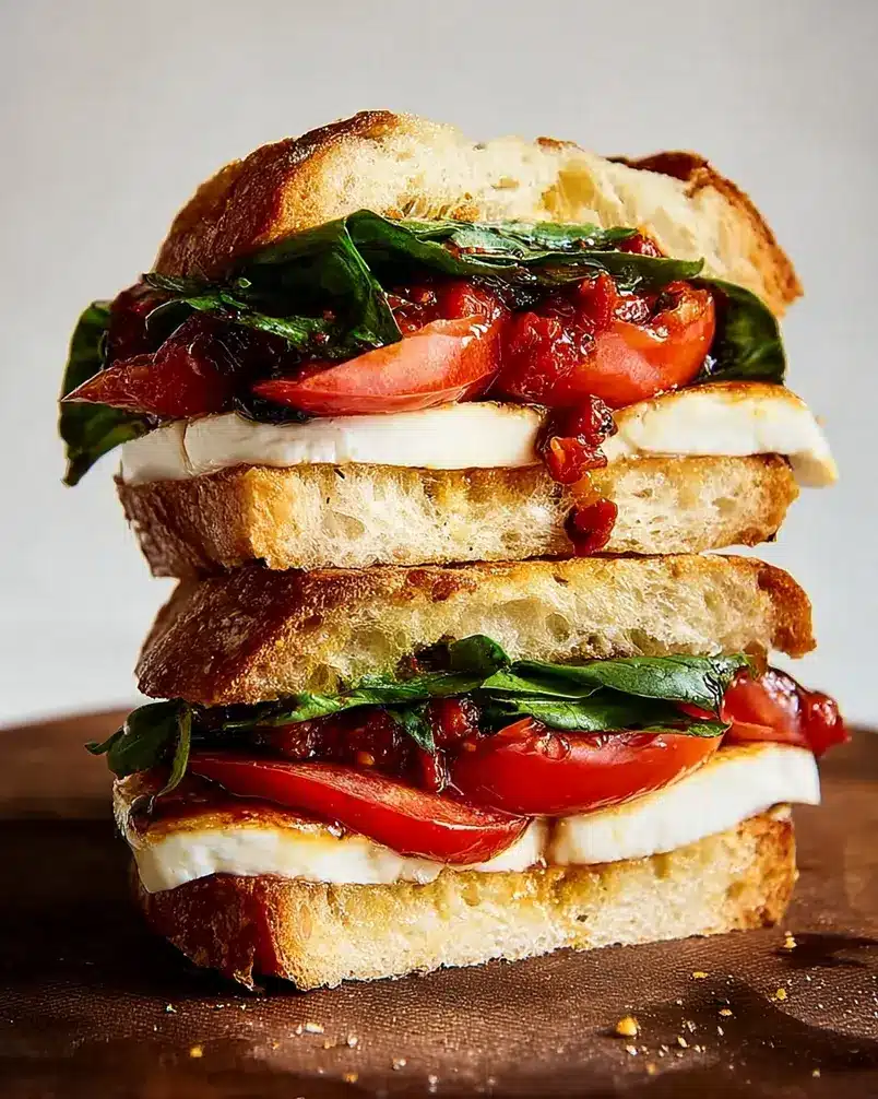 Caprese Sandwich 2 Fresh ingredients for preparing a Caprese sandwich: ripe tomatoes, fresh mozzarella, basil leaves, olive oil, balsamic glaze, and crusty bread.