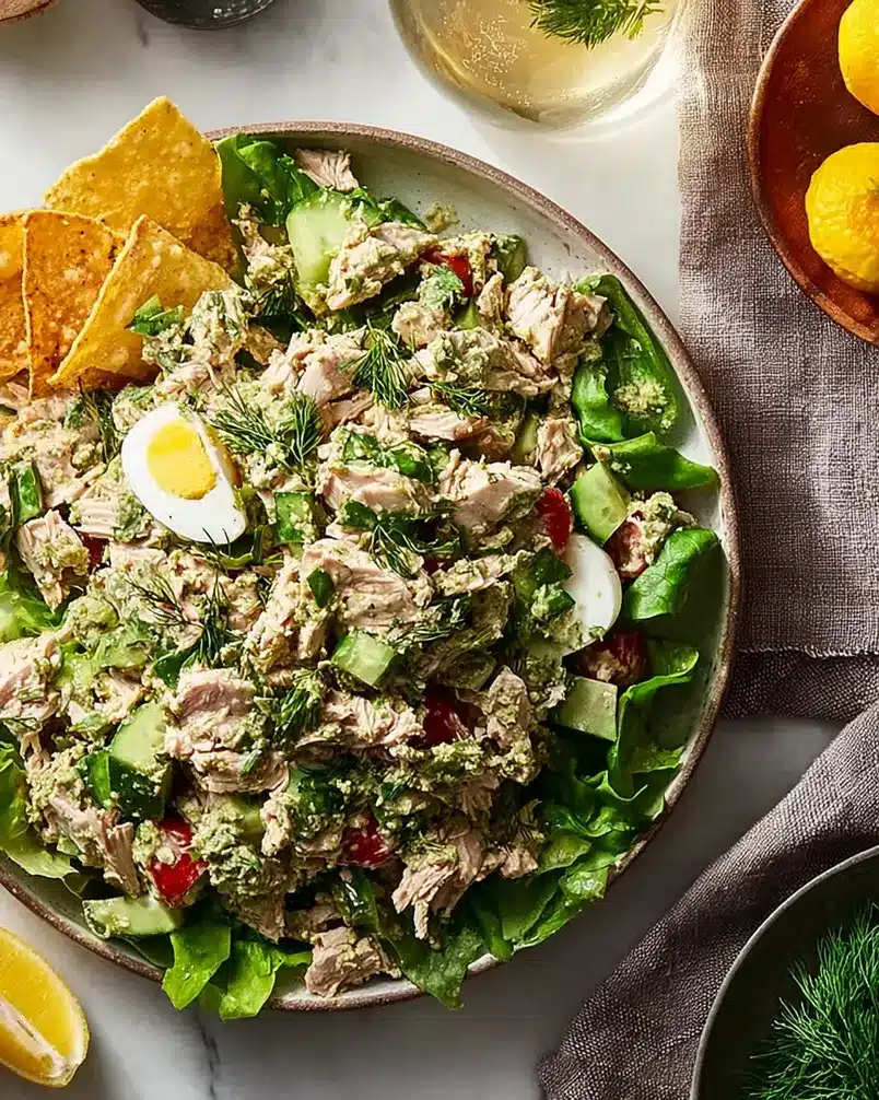 Green Goddess Tuna Salad 2 Green Goddess Tuna Salad ingredients being prepared, showcasing fresh herbs and tuna.