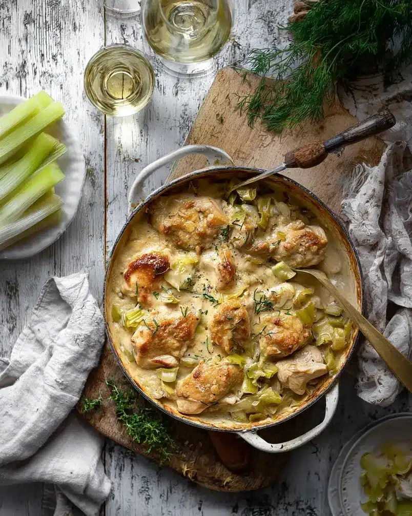 The Best Chicken and Leek Casserole 2 Recipe preparation image, showcasing fresh ingredients like chicken, leeks, and herbs ready to be used in the casserole.